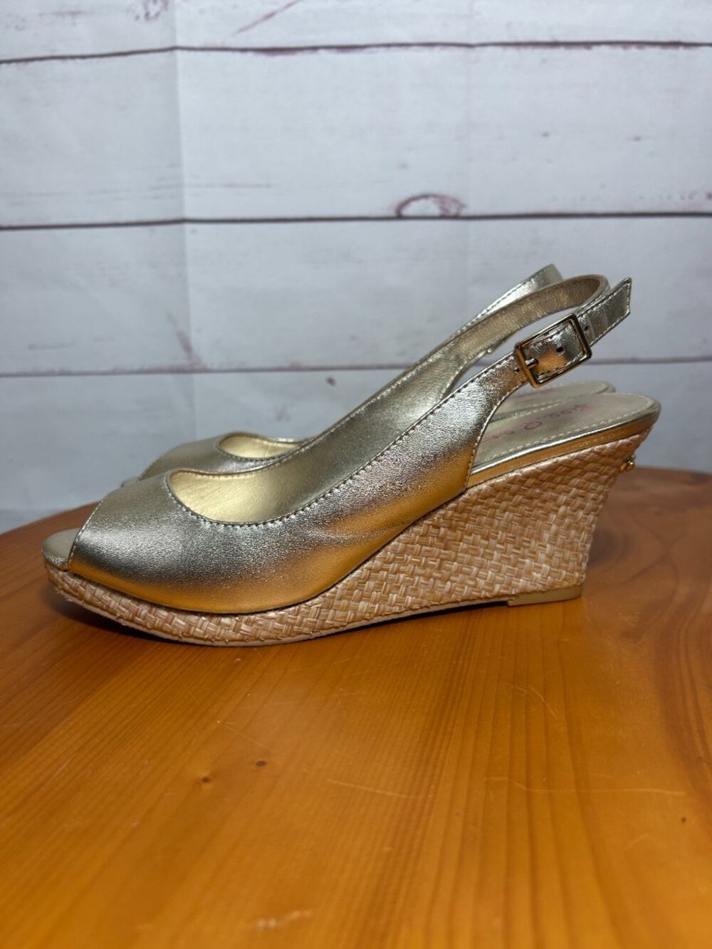 Lilly Pulitzer size 8 Wedge Sandals Gold Metallic Espadrilles Peep Toe leather